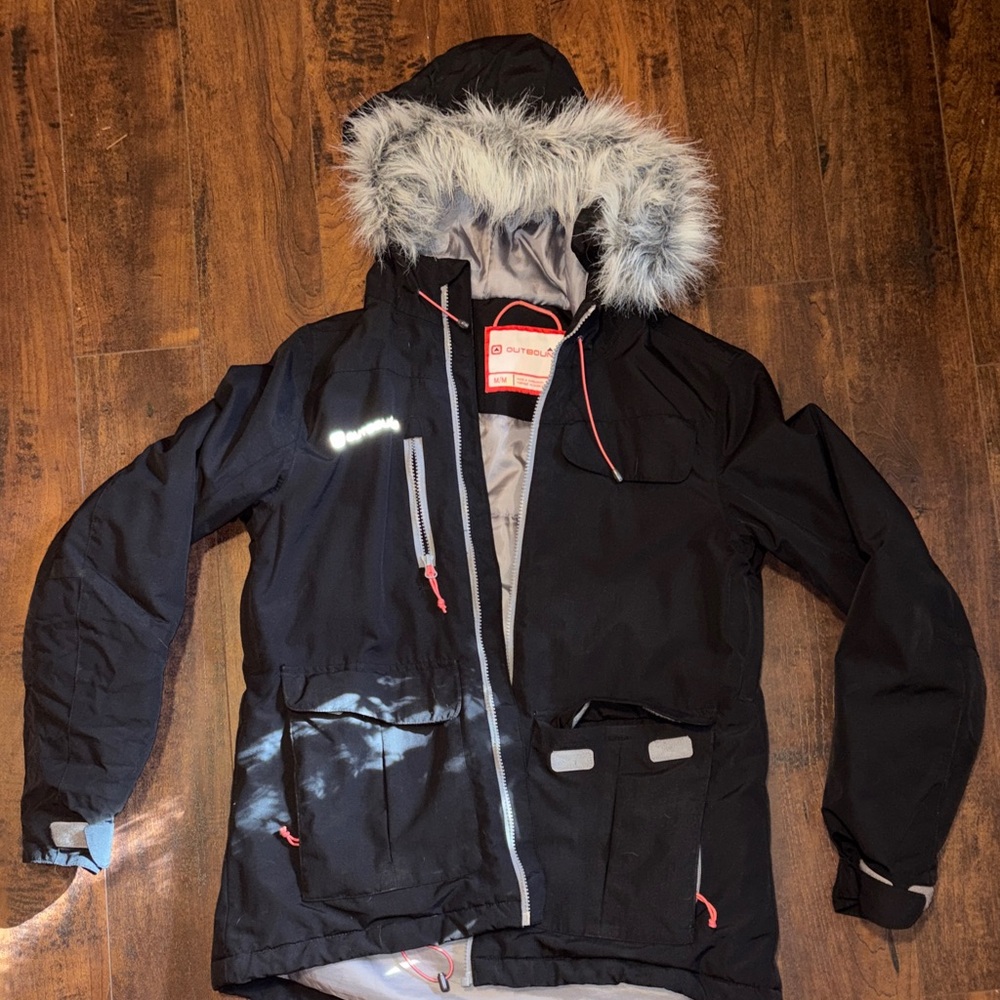 Girls Outbound Black Hooded Winter Jacket with Faux Fur Trim